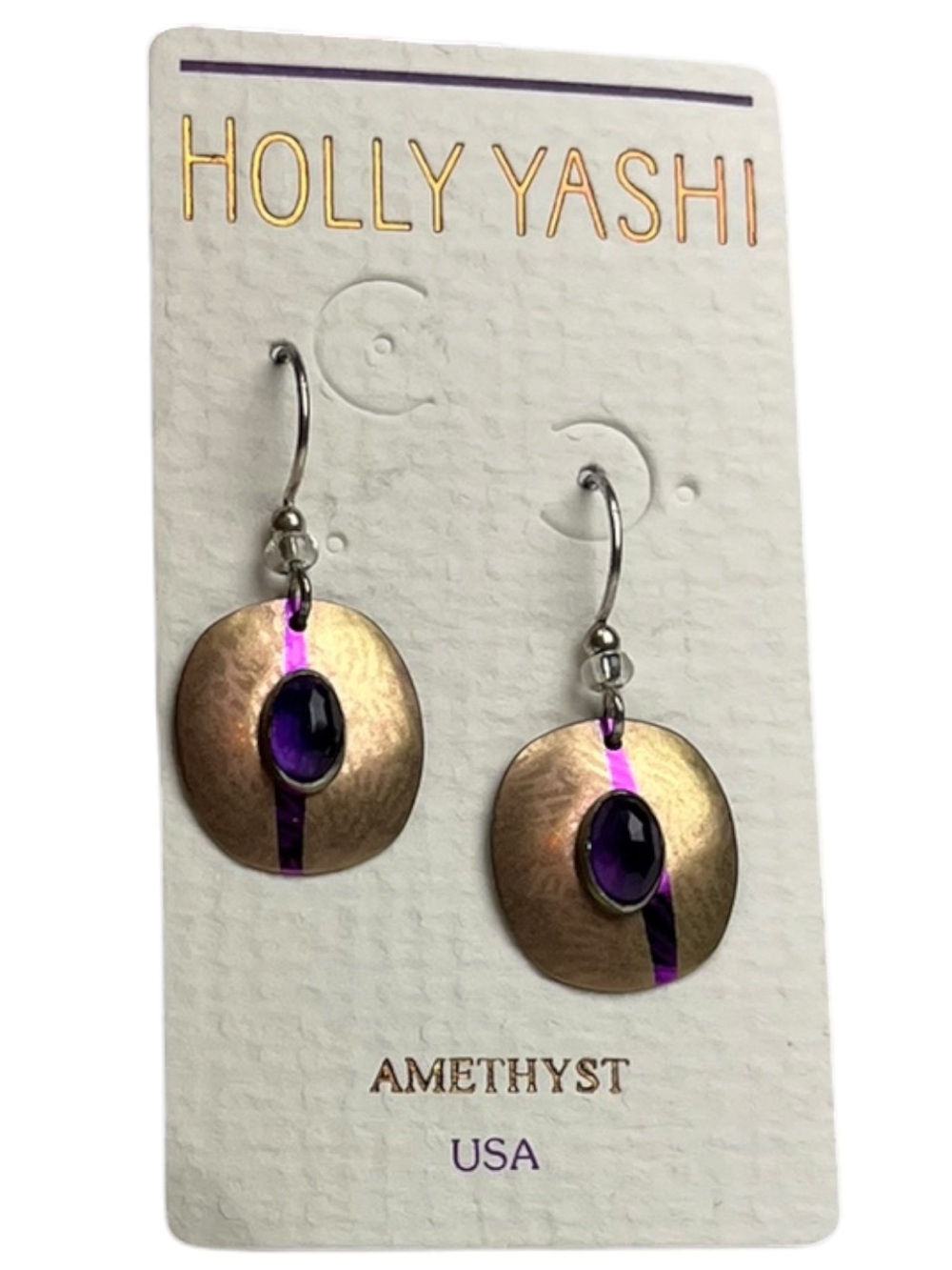 Vintage Signed Holly Yashi Oval Purple Amethyst Stone Dangle Hook Earrings